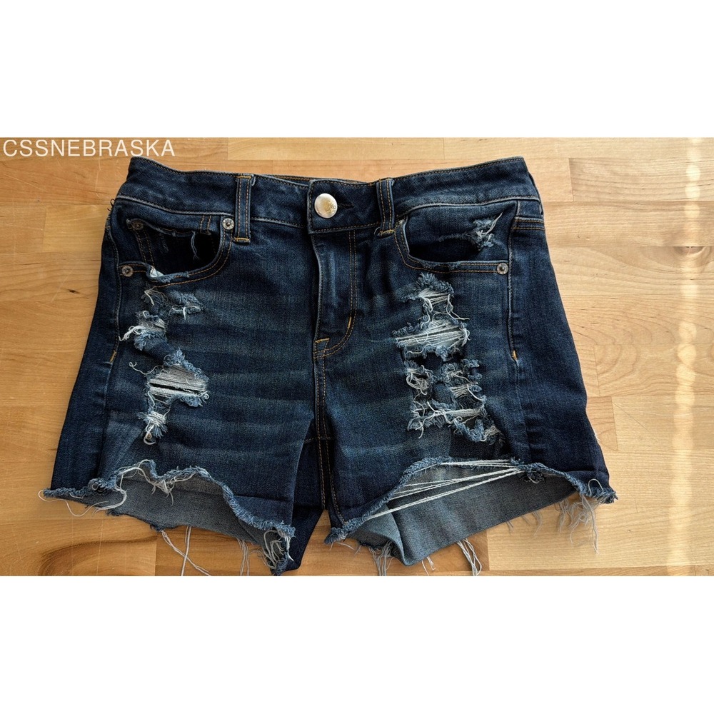 American Eagle Women's Hi-Rise Shortie Dark Wash Distressed Stretch Shorts Sz 4